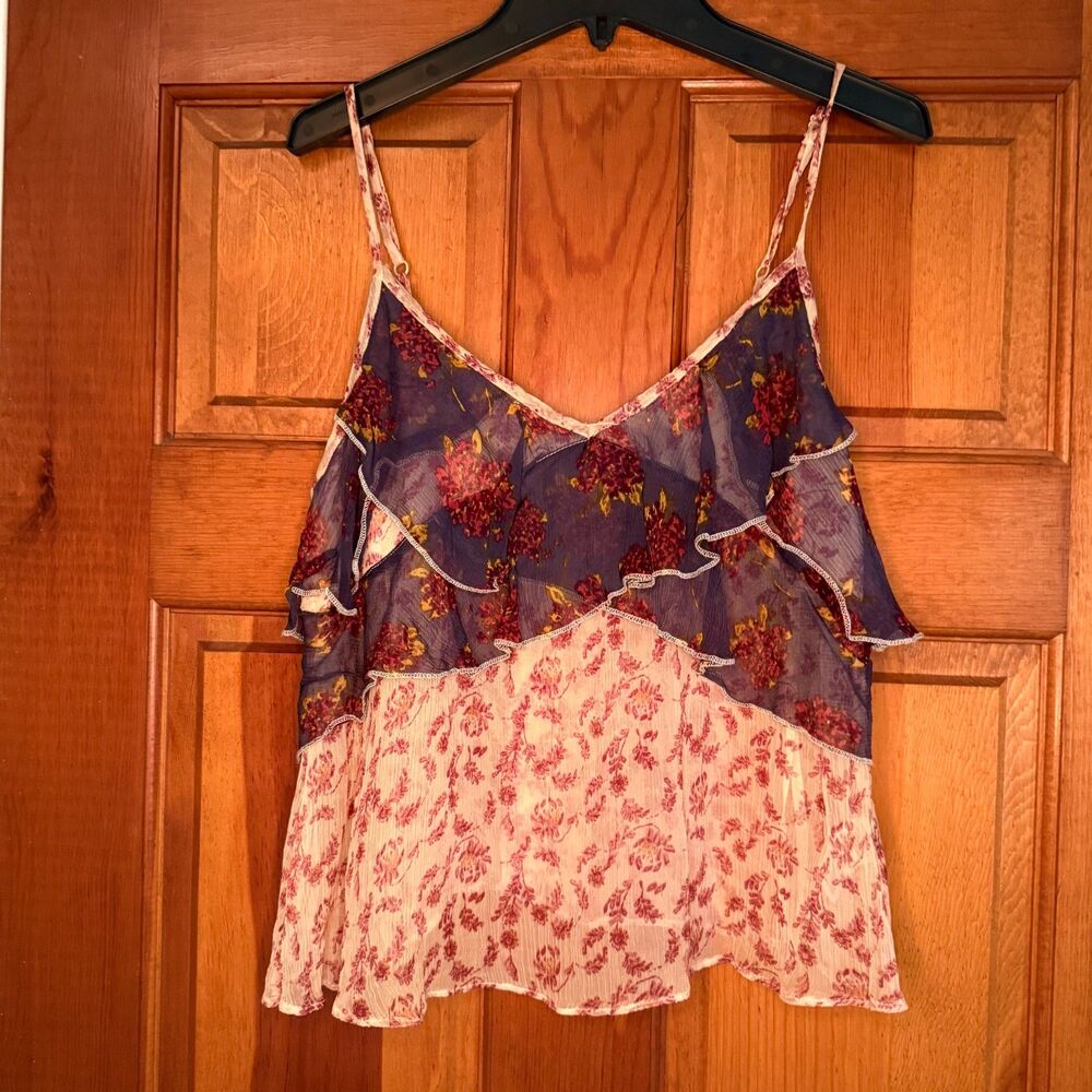 Free People Sheer Floral Ruffle Cami Top Navy/Blush Women's Size XS